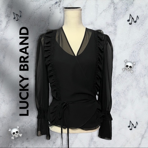 🍀LUCKY BRAND🍀 (EUC) VINTAGE BLACK SHEER WRAP AROUND TOP SIZE LARGE - Picture 11 of 11